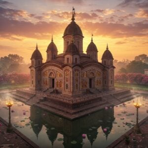 A magnificent aerial view of the Tripura Sundari Temple during sunset, with its distinctive Bengali-style pancharatna architecture featuring five ornate spires glowing in golden light. The temple sits on a raised platform surrounded by intricate Madhubani-style patterns in deep maroon and saffron. The main shrine exhibits detailed carved reliefs depicting scenes from Hindu mythology, with peacock blue accents. A serene lotus pond in the foreground reflects the temple's image, creating perfect symmetry. Ornate stone steps lead to the temple entrance, flanked by traditional Bengali-style lamp posts. The scene is enveloped in a mystical atmosphere with soft, ethereal mist and floating lotus petals. The surrounding landscape features blooming frangipani trees and traditional Bengali architectural elements. The sky shows a gradient of warm sunset colors - deep orange, pink, and purple, with gentle rays of light breaking through clouds in a mandala pattern. The entire scene is rendered in a fusion of traditional Pattachitra art style with modern digital aesthetics, emphasizing the temple's grandeur and spiritual significance. Hyperrealistic 8k quality, cinematic lighting, golden hour photography.