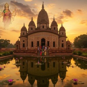 A majestic aerial view of Tripura Sundari Temple at golden hour, with its distinctive Bengali-style architecture featuring curved cornices and intricate terracotta work. The temple glows with warm saffron light, surrounded by a mystical aura. In the foreground, a serene pond reflects the temple's image perfectly, with floating lotus flowers in pink and white. The temple is adorned with traditional Bengali-style decorative elements in rich maroon and gold. A ethereal manifestation of Goddess Tripura Sundari appears above the temple spire, depicted with four arms holding a noose, goad, bow, and arrow, wearing a deep red silk saree with gold border, adorned with traditional Bengali jewelry. Sacred geometric patterns and Madhubani-style mandalas float in the air around the temple. Devotees in traditional Bengali attire are seen climbing the temple steps. The scene is set against a surreal sky with soft pastel clouds in shades of pink and orange. The overall composition combines hyperrealistic architectural details with mystical elements, creating a harmonious blend of traditional and contemporary artistic styles. Subtle rays of divine light illuminate the entire scene.