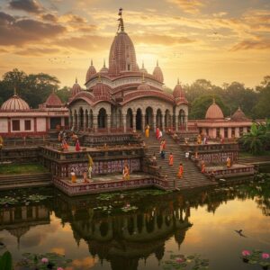 A majestic aerial view of the ornate Tripura Sundari Temple during golden hour, perched atop Matabari hill, with its distinctive Bengali-style architecture featuring curved cornices and white-red striped walls. The temple complex reflects in the sacred Kalyan Sagar lake below, creating a perfect mirror image. In the foreground, beautifully detailed stone steps adorned with traditional Bengali-style alpana patterns lead up to the temple. The scene is enhanced with floating lotus flowers in the lake, and several peacocks gracefully perching on the temple's shikhara. The sky features soft, ethereal clouds in shades of orange and pink, with rays of divine light breaking through. Small groups of devotees in traditional Bengali attire (white and red sarees for women, dhoti for men) are seen climbing the steps. The entire scene is rendered in a fusion of Madhubani and modern digital art style, with intricate patterns and rich colors of deep red, gold, and royal blue. Glowing diyas and incense smoke add a mystical atmosphere, while banana and madar trees frame the temple, staying true to its actual surroundings.