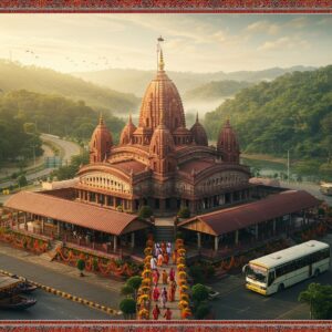 A majestic aerial view of the ornate Tripura Sundari Temple set against the backdrop of lush green hills of Udaipur, Tripura. The temple's distinctive Bengali-style architecture features curved cornices, intricate terracotta work, and a prominent shikhara in rich crimson and gold colors. Multiple transportation elements seamlessly blend into the scene - a modern highway winding through the hills, traditional wooden boats on the nearby Gomati River, and a bus station in the foreground. The temple is bathed in ethereal morning light with soft mist rolling over the hills. Detailed Madhubani-style patterns frame the scene, incorporating traditional motifs of lotus flowers and peacocks in deep maroon and peacock blue. A group of pilgrims in traditional Bengali attire walking towards the temple through a path lined with marigold flowers. The scene features a harmonious blend of modern infrastructure and ancient architecture, with golden sun rays creating a divine atmosphere. Photorealistic digital art style with surreal lighting effects and rich cultural details.