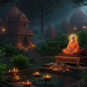 A serene nighttime scene of an ancient Indian ashram nestled among sacred Tulsi gardens, with a dignified elderly Indian saint in saffron robes seated in padmasana on an intricately carved wooden platform. His face radiates wisdom and compassion, surrounded by a subtle golden aura. The ashram architecture features traditional Nagara-style peaks with detailed Madhubani patterns. Multiple levels of blooming Tulsi plants create a stepped garden effect, each plant emitting a soft green ethereal glow. In the foreground, brass diyas float on a small temple pond, their flames creating dancing reflections. The background shows devotees engaged in spiritual activities, their forms slightly blurred to maintain focus on the saint. Moonlight filters through the leaves, creating abstract mandala patterns on the ground. The color palette combines deep maroons, forest greens, and burnished golds, with highlights of spiritual purple. The scene is rendered in a style merging traditional Pattachitra art with modern digital aesthetics, emphasizing both devotion and timeless wisdom. Atmospheric fog adds depth and mystery to the composition.