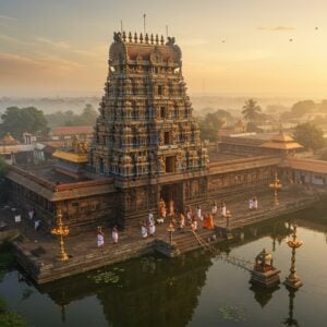 A majestic aerial view of Udupi Sri Krishna Matha temple complex at golden hour, featuring its iconic gopuram with intricate Dravidian architecture in rich gold and saffron hues. The central temple structure shows distinctive characteristics of Kerala-style architecture with sloped roofs and brass finials. In the foreground, a serene temple pond reflects the temple's image, surrounded by traditional lamp posts with glowing diyas. Devotees in traditional Indian attire circumambulate the temple. The scene includes the famous window (Kanakana Kindi) through which Saint Kanakadasa had darshan, highlighted by a subtle divine glow. The atmosphere features morning mist with sun rays filtering through, creating a mystical ambiance. Priests in traditional white dhoti and angavastram can be seen performing morning rituals. The surrounding area shows neat rows of traditional guest houses and dharmashalas. The art style combines hyperrealistic architectural details with ethereal lighting and spiritual elements, incorporating both Madhubani patterns and modern digital aesthetics. The color palette focuses on deep maroons, peacock blues, and gold, with accents of saffron and cream.