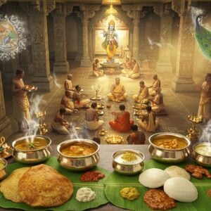 A grand aerial view of Krishna Matha temple's traditional dining hall with intricate Madhubani-style patterns on pillars, illuminated by warm golden sunlight streaming through ornate windows. In the foreground, a traditional banana leaf spread with authentic Udupi dishes - golden crispy masala dosas, fluffy white idlis, silver vessels filled with sambar emanating steam swirls, brass containers of ghee-laden payasam, and colorful array of chutneys. Floating ethereally above are translucent mandalas containing elements of Krishna - peacock feathers, flute, and lotus motifs in peacock blue and gold. Indian devotees in traditional attire seated cross-legged on floor in neat rows, with servers carrying brass vessels. The scene features soft glowing halos around the food, creating a divine atmosphere. Intricate kolam patterns on floor in white against dark stone. Style merges traditional Pattachitra art with modern digital aesthetics, using a palette of deep turmeric yellow, temple gold, banana leaf green, and ceremonial saffron. Photorealistic with magical realism elements, cinematic lighting emphasizing the steam and divine glow.