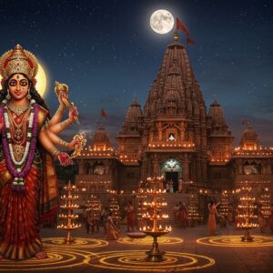 A majestic night scene of the Ujjaini Mahakali Temple illuminated by hundreds of oil lamps and moonlight, with the main temple spire reaching towards a star-filled sky adorned with a bright full moon. The temple architecture showcases intricate South Indian temple architecture with detailed stone carvings. In the foreground, a powerful representation of Goddess Mahakali with 8 arms, holding her traditional weapons - sword, trident, damaru, kapala, while wearing a garland of skulls and a red silk saree with gold border. Her expression is fierce yet protective, with three eyes glowing. The temple courtyard features devotees performing aarti with brass lamps, creating circles of golden light. The scene includes mystical elements like floating lotus flowers, spiraling mandalas, and ethereal smoke from incense. The color palette combines deep midnight blues, blood reds, burnished gold, and warm orange from the lamps. The entire composition has a photorealistic quality with magical surreal elements, rendered in high detail digital art style with dramatic lighting and shadows. The atmosphere conveys both divine power and spiritual devotion.