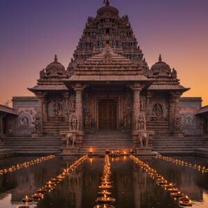 A majestic ancient Indian temple complex dedicated to Mahakali, photographed during golden hour, with intricate Madhubani-style details. The temple's main spire rises dramatically against a deep purple-orange sky, adorned with detailed stone carvings of divine beings and mythological scenes. The temple architecture features traditional Chalukyan style with stepped levels, each decorated with intricate geometric patterns and flower motifs in gold and deep maroon. The entrance shows two massive ornate wooden doors with brass details, flanked by towering stone pillars with carved elephants at their base. The foreground features a serene reflection pool with floating lotus flowers, creating a perfect mirror image of the temple. Soft glowing oil lamps line the temple steps, casting a warm ethereal light. The scene includes delicate smoke trails from incense, creating a mystical atmosphere. The temple walls showcase detailed Pattachitra-style paintings depicting Kali Ma's stories in rich colors of deep blue, gold, and crimson. Hidden architectural details include ancient sacred geometry patterns and yantra designs. The overall composition maintains a balance between historical authenticity and spiritual mysticism, with photo-realistic rendering and atmospheric lighting effects.