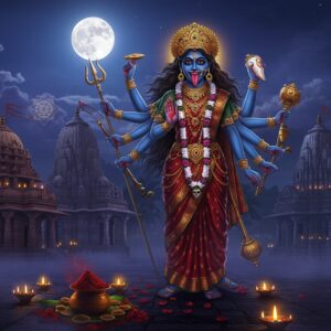 A majestic nighttime scene of Goddess Mahakali standing tall in her fierce form, with 10 arms holding traditional weapons - trishul, sword, damaru, kapala, shield, lotus, conch, mace, chakra, and abhaya mudra. She wears a garland of skulls, her tongue protrudes, and her hair flows wildly. Her skin is deep blue-black, adorned with gold ornaments and a red silk saree with gold border. Behind her are three distinctive temple architectural styles - one South Indian dravidian style, one Bengali style, and one North Indian nagara style, all illuminated by moonlight and floating diyas. The temples have intricate Madhubani-style carved details glowing with a subtle golden aura. The foreground shows ritual items - red hibiscus flowers, vermillion, and ceremonial flames. The scene is wrapped in mystical purple and deep blue fog, with small floating golden mandalas and yantra patterns in the air. The lighting is dramatic with the moon casting silver light from above while the temple lamps create warm golden highlights. The art style combines hyperrealistic digital painting with traditional Indian Pattachitra patterns in the details, creating a modern yet culturally authentic aesthetic. The atmosphere is both powerful and spiritually charged.