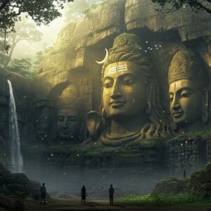 Ancient rock-carved faces emerging from a mist-shrouded cliff face in Tripura, with intricate 30-foot tall central Shiva carving detailed with matted locks, third eye, and ornate jewelry. The surrounding rock wall features multiple deity carvings in traditional Northeast Indian style, with rich moss and vegetation growing naturally around them. Ethereal golden morning light filtering through tropical forest canopy, creating dramatic shadows on the weathered stone. Small waterfalls cascade over some carvings, adding mystical atmosphere. The scene combines hyperrealistic textures of ancient stone with magical realism elements like subtle glowing auras around the carvings and floating lotus petals. Art style merges traditional Indian stone carving aesthetics with modern digital painting techniques, emphasizing deep earth tones, forest greens, and warm golden highlights. The composition shows scale by including small silhouettes of visitors at the base of the massive carvings.