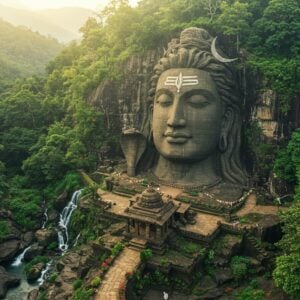 A majestic aerial view of Unakoti's ancient rock-cut sculptures nestled in lush green tropical forest, featuring the enormous 30-foot Shiva head carving emerging from the hillside with intricate details of his jata (matted locks) and serene expression. The scene is bathed in golden morning light filtering through misty clouds, creating a mystical atmosphere. In the foreground, a beautifully detailed traditional Indian stone pathway leads to the sculptures, adorned with indigenous Tripura flowers and fauna. The composition includes small waterfalls cascading down moss-covered rocks, with butterflies and exotic birds adding life to the scene. The art style combines photorealistic textures with ethereal lighting effects, incorporating traditional Tripura tribal patterns in the stone details. Rich emerald greens contrast with earthen stone tones and golden sunlight, while a subtle rainbow forms in the waterfall mist. The perspective suggests both grandeur and spirituality, with the massive sculpture commanding attention while small prayer flags flutter in the breeze, adding movement and cultural context to the scene.