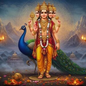 A majestic Lord Murugan standing atop his celestial peacock mount, radiating divine golden light, holding his sacred vel (spear) in his right hand and a rudraksham mala in his left. He appears as a handsome young warrior prince wearing traditional silk dhoti in deep red with gold borders, adorned with elaborate temple jewelry including a magnificent crown studded with peacock feathers. His six faces are clearly visible, each expressing different emotions - wisdom, love, protection, courage, peace, and divine grace. The background features the sacred hills of Palani rendered in ethereal misty style with floating lotus flowers and intricate Madhubani-style peacock motifs. A mystical mandala pattern glows behind him in shades of saffron and deep blue. The scene is illuminated by soft, otherworldly light creating a dreamy atmosphere. Small detailed elements include scattered marigold flowers, burning camphor, and vajra weapons in sacred geometry patterns. The art style combines hyperrealistic digital rendering with traditional South Indian temple art aesthetics, creating a modern yet culturally authentic visualization.