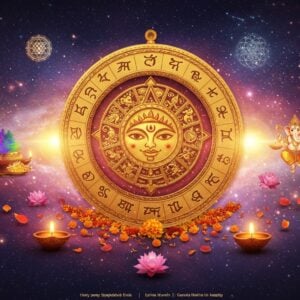 A mystical cosmic scene featuring an intricately detailed golden Hindu calendar wheel floating in ethereal space, with 12 zodiac symbols carved in traditional Madhubani style around its rim. The center shows a radiating mandala pattern with the sun and moon in perfect balance. Surrounding the wheel are shimmering visual representations of major Hindu festivals - a golden Diya for Diwali, colorful gulal clouds for Holi, and a dancing Ganesha for Ganesh Chaturthi. Swirling celestial patterns and constellations in deep indigo and gold fill the background. Sacred geometry patterns and yantra symbols float in the space, with soft glowing orbs of light in saffron and pale blue. The scene is complemented by floating lotus flowers and marigold petals. The art style merges traditional Indian motifs with modern digital art techniques, featuring a rich color palette of deep maroon, royal blue, gold, and soft ethereal pastels. The overall composition suggests divine timing and cosmic interconnectedness, rendered in a dreamy, spiritual aesthetic.