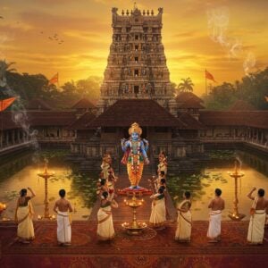 A magnificent aerial view of the Uttara Guruvayurappan Temple during golden hour, showcasing its traditional Kerala architectural style with multiple copper-plated gopurams and golden temple flags fluttering in the wind. Lord Krishna as Guruvayurappan stands in the center, depicted in his traditional pose with four hands - holding the conch (Panchajanya), the Sudarshana chakra, the mace (Kaumodaki), and a lotus flower, adorned with pure gold ornaments and a peacock feather crown. The temple is surrounded by a beautiful lotus pond reflecting the sunset sky in shades of saffron and deep blue. In the foreground, devotees in traditional Kerala attire (men in white mundus and women in cream kasavu sarees) perform classical bharatanatyam poses. The scene is enhanced with intricate Madhubani-style border patterns featuring elephants, peacocks, and temple motifs in deep maroon and gold. Soft ethereal light emanates from oil lamps, creating a mystical atmosphere with swirling incense smoke patterns. The background showcases local cultural elements like kathakali performers and traditional kerala instruments in a subtle, artistic manner. Hyperrealistic digital art style with rich cultural details and modern lighting effects.