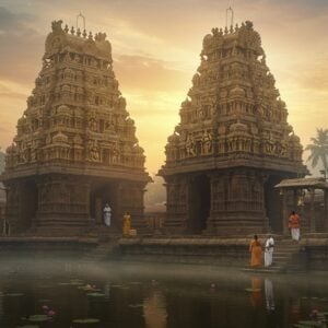 A majestic South Indian temple complex set against a misty sunrise, featuring the iconic golden vimana of Uttara Swami Malai Temple adorned with intricate Dravidian architecture and sculptures. The temple's stepped pyramid structure rises dramatically with multiple tiers, each decorated with detailed carvings of deities and mythological scenes. In the foreground, a serene temple tank reflects the golden light, with lotus flowers floating on its surface. Two devotees in traditional South Indian attire (a woman in a silk saree and a man in a white veshti) ascend the ancient stone steps. Rays of divine light filter through morning mist, creating a mystical atmosphere. The scene is framed by towering coconut palms and traditional temple bells. The color palette includes deep golds, warm terracotta, rich browns, and spiritual blues. The art style combines hyperrealistic architectural details with ethereal lighting and Madhubani-inspired decorative elements. Sacred geometric patterns and mandala motifs float subtly in the misty background, adding a supernatural dimension to the scene.