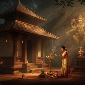 A majestic ancient Kerala-style temple architecture with sloped copper-tiled roof and intricate wooden carvings, illuminated by golden morning sunlight. The temple courtyard features a serene Indian woman in traditional Kerala kasavu saree performing a ritual with a brass deepa lamp. Multiple lit oil lamps create a warm glow around the temple entrance. The scene includes traditional Kerala elements like banana leaves, coconuts, and fresh jasmine garlands. In the background, a mystical representation of Devi in traditional Kerala temple art style, adorned with gold ornaments and holding a lotus. The atmosphere is enhanced by rising incense smoke creating ethereal patterns, while brass temple bells hang decoratively. The color palette focuses on deep browns, warm golds, rich reds, and forest greens. The lighting should be dramatic with rays of sunlight filtering through morning mist, creating a divine atmosphere. Art style combines hyperrealistic digital art with traditional Kerala mural painting techniques, maintaining cultural authenticity while appearing modern and sophisticated.