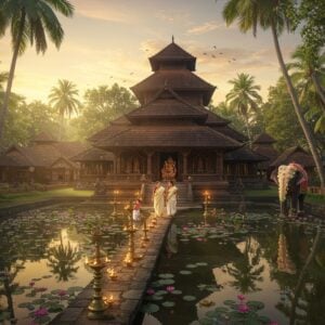 A majestic aerial view of Valayanad Devi Temple complex in Kerala architectural style with traditional copper-plated roof, surrounded by lush green coconut palms and banyan trees. The temple's reflection shimmers in a sacred pond adorned with blooming pink lotus flowers. In the foreground, an elegant Indian family in traditional Kerala attire (man in white mundu, woman in cream kasavu saree) walking towards the temple through a stone-paved path lined with traditional brass oil lamps. The sky features a warm golden sunrise with soft pastel clouds, casting a divine glow on the temple structure. Small traditional Kerala-style guest houses visible in the background. A decorated temple elephant stands majestically near the temple entrance with intricate caparisons. Scene rendered in a blend of photorealistic and ethereal style, with delicate Madhubani-inspired patterns subtly woven into the temple architecture. The lighting is mystical with soft golden rays filtering through the trees, creating a serene and inviting atmosphere. The temple's authentic Kerala architectural details are highlighted with intricate wooden carvings and brass work in hyperrealistic detail.