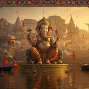 A majestic Lord Ganesha statue, intricately detailed with four arms holding lotus, modak, axe, and blessing mudra, seated in padmasana on an ornate golden throne at the iconic Dashashwamedh Ghat of Varanasi during sunrise. His elephant head features detailed trunk work, large ears, and a tilak. Ancient stone steps descend into the serene Ganges river, where small diyas float on lotus-shaped holders. Traditional priests in saffron robes perform aarti with gleaming brass lamps. The background showcases ancient temples with detailed architecture, their spires reflecting in the holy waters. Warm golden morning light bathes the scene, creating long shadows on the weathered steps. Intricate Madhubani-style patterns frame the composition, featuring sacred symbols and peacock motifs in deep maroon and royal blue. Wisps of incense smoke create ethereal patterns in the air, while devotees in traditional Indian attire offer prayers. The water reflects the entire scene like a mirror, creating a mesmerizing symmetry. Style combines hyperrealistic digital art with traditional Indian art elements, emphasis on atmospheric lighting and spiritual ambiance.