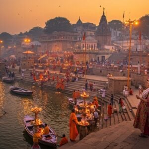 A stunning aerial view of Varanasi's iconic ghats at golden hour, with ancient stone steps descending into the shimmering Ganges River. Modern travelers in contemporary clothing (mix of Western and Indo-Western fusion wear) blend seamlessly with traditionally dressed sadhus in saffron robes. Traditional wooden boats adorned with fairy lights and modern solar-powered lamps float on the sacred waters. In the foreground, a young Indian female traveler in stylish modern clothing holds up her smartphone to capture the scene, while behind her, evening aarti ceremonies create a magical display of floating diyas and brass lamps. The sky features a gradient of deep orange to purple, with wisps of incense smoke forming intricate Madhubani-style patterns. Detailed architectural elements of ancient temples contrast with modern cafes and guest houses along the riverbank. The scene is rendered in a rich color palette of deep blues, burnished golds, and warm oranges, combining hyperrealistic photography with ethereal Indian artistic elements. Soft bokeh effects and lens flares add a contemporary cinematic quality to the spiritual atmosphere.