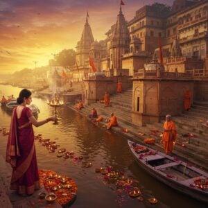 A mystical aerial view of Varanasi's ghats at dawn, with golden sunlight illuminating the ancient stone steps descending into the sacred Ganges. Traditional brass diyas float on the river, creating a trail of glowing lights. In the foreground, a young Indian woman in a deep maroon silk saree performs aarti, holding an ornate brass lamp with multiple wicks. Behind her, detailed Madhubani-style patterns emerge from the smoke of incense, depicting stories from Hindu mythology. The scene includes intricate architectural details of temples with gold-detailed spires, their reflections dancing in the river waters. Warm orange and purple hues dominate the sky, with floating marigold flowers and rose petals scattered across the water's surface. Several sadhus in saffron robes meditate on the steps, while wooden boats adorned with flowers and silk ribbons glide by. The art style combines photorealistic textures with ethereal, surreal lighting and traditional Indian artistic elements, creating a seamless blend of ancient and contemporary aesthetics.