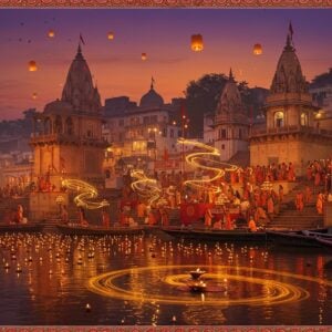 A panoramic view of Varanasi's illuminated ghats at dusk, with hundreds of glowing diyas floating on the sacred Ganges River. In the foreground, elaborately dressed Indian devotees perform Ganga aarti with large brass lamps creating mesmerizing spiral patterns of golden light. The scene features intricate Madhubani-style borders with peacock motifs and lotus patterns. The sky is painted in deep purples and oranges, with floating paper lanterns adding ethereal ambiance. Multiple levels of stone steps are adorned with marigold garlands and colorful rangoli patterns. Sadhus in saffron robes are visible performing rituals, while temple bells and sacred symbols are artistically incorporated into the architecture. The reflection of the ceremonies in the water creates a mirror effect with surreal, dreamlike quality. The scene combines traditional elements with modern digital art techniques, featuring volumetric lighting, soft glows, and detailed textures. The composition shows both the grandeur of ancient architecture and the living traditions, with smoke from incense creating mystical patterns in the air. The color palette includes deep maroons, burnt oranges, golden yellows, and peaceful blues.