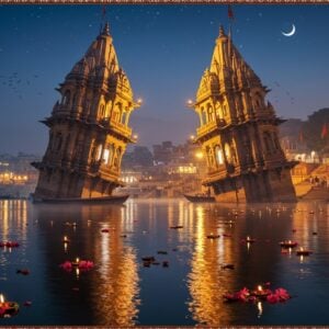 A mesmerizing nighttime scene of two ancient Indian temples leaning towards each other over the sacred Ganges river, their ornate spires illuminated by warm golden light. The temples feature intricate Nagara architecture with detailed stone carvings and motifs. The water reflects their tilted silhouettes, creating mirror-like symmetry. Floating diyas and flower petals dot the river's surface, their gentle glow creating a magical atmosphere. The background shows the ghats of Varanasi with traditional stone steps descending to the water, lit by scattered oil lamps. The sky features a deep indigo color with subtle stars and a crescent moon. Soft mist hovers over the water, adding mystical quality. The scene combines photorealistic architecture with ethereal lighting and Madhubani-inspired decorative elements in the borders and details. The overall color palette includes deep blues, burnished golds, terra cotta, and warm amber tones, creating a spiritual and timeless atmosphere. The perspective should be slightly low-angle, emphasizing the dramatic lean of the temples.