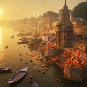 A mystical aerial view of Varanasi's ghats at dawn, with golden sunlight reflecting off the sacred Ganges River. The iconic Dashashwamedh Ghat in the foreground features intricate stone steps adorned with traditional Madhubani-style patterns in deep saffron and peacock blue. Hindu priests in saffron robes perform aarti with brass lamps creating glowing halos. Ancient temples with ornate spires rise majestically in the background, their architecture detailed in the Pattachitra style. Floating diyas and marigold flowers dot the river's surface, creating paths of light. The scene is enveloped in a ethereal morning mist with swirling patterns of incense smoke. Small boats with pilgrims cast long shadows on the shimmering water. The color palette combines deep maroons, burnt orange, and gold with subtle touches of turquoise. The composition seamlessly blends photorealistic elements with traditional Indian art motifs, creating a surreal, cinematic atmosphere. Soft rim lighting highlights the architectural details and creates a dramatic silhouette of the city's skyline. The scene should evoke both spirituality and timeless grandeur, with careful attention to accurate architectural details of Varanasi's famous temples.