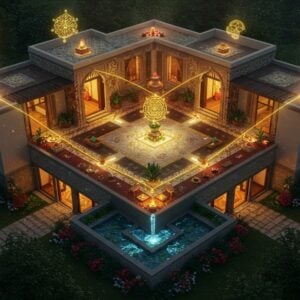 A stunning 3D architectural visualization of a luxurious modern Indian home seamlessly blending Vastu principles, viewed from an elevated angle. The house forms a perfect square with a central courtyard containing a serene water feature and tulsi plant. Golden sacred geometry patterns and yantra designs float ethereally in the air, incorporating Madhubani art style. The house features East-facing entrance with intricate mandala doorway, Northeast prayer room glowing with soft divine light, Southwest master bedroom, and Southeast kitchen with sacred fire. Natural elements represented through floating crystals, copper vessels, flowing water, and sacred fire in their respective cardinal directions. Rich color palette of saffron, deep maroon, gold, and peacock blue. Ethereal light streams through large windows, creating dramatic interplay of light and shadows. The scene includes subtle energy lines flowing through the house in auspicious directions, visualized as delicate golden threads. Surrounding landscape features vastu-compliant garden with sacred trees and flowers. The overall composition balances modern luxury with sacred geometry, creating a harmonious and spiritually aligned living space. Photorealistic 3D rendering with magical realism elements, high-end architectural visualization quality.