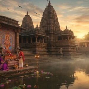 A majestic ancient stone temple complex on the banks of the serene Nira river, illuminated by golden sunrise rays. The main temple features intricate Hemadpanthi architecture with detailed stone carvings of lions and geometric patterns. The central shikhara rises dramatically against a mystical sky filled with soft pastel clouds. In the foreground, a beautiful Indian family in traditional Maharashtra attire (woman in purple silk saree, man in white kurta) performs puja with brass thalis containing marigolds and lit diyas. The temple courtyard shows detailed Madhubani-style artwork depicting Lord Narasimha in his divine form with lion face and four arms, surrounded by ornate mandala patterns in deep saffron and peacock blue. The scene includes stone steps leading to the river with floating lotus flowers, brass bells, and glowing oil lamps. The atmosphere is ethereal with gentle mist rising from the river, creating a dream-like quality. The lighting emphasizes the golden morning sun reflecting off the temple's stone walls and the calm water surface. The overall composition balances historical architecture with spiritual energy, using a color palette of warm golds, deep maroons, and serene blues.