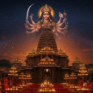 A majestic night scene of the Ujjaini Mahakali Temple illuminated by hundreds of golden oil lamps, with the main temple spire reaching towards a deep indigo sky filled with twinkling stars. The fierce form of Goddess Mahakali appears as a divine, ethereal silhouette above the temple, with eight arms holding traditional weapons - sword, trident, damaru, bowl of blood, severed head, noose, shield, and lotus. She wears a garland of skulls and her hair flows wildly. The temple architecture features intricate South Indian Dravidian style with detailed stone carvings highlighted in gold. The foreground shows devotees in traditional Indian attire offering red hibiscus flowers and performing aarti with brass lamps. Mystical smoke from incense creates swirling patterns in the air, while sacred vermillion and turmeric powders add vibrant splashes of color. The scene is rendered in a style blending classical Indian temple art with modern digital aesthetics, using deep maroons, blacks, and golds with accents of blood red. The atmosphere is both powerful and spiritually charged, with a subtle glow emanating from the temple's sanctum sanctorum.