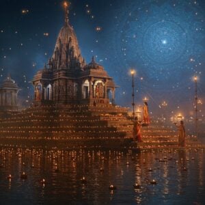 A serene nighttime scene of the holy Ganges River, illuminated by hundreds of floating diyas creating golden reflections on the dark water. In the foreground, an intricately carved ancient stone temple with multiple tiers emerges from the water, its architecture reflecting traditional Nagara style with detailed sculptures. Three Indian women in flowing silk sarees (one in deep blue, one in saffron, and one in ivory) perform aarti with brass lamps at the temple steps touching the water. The water surface shows subtle ripples carrying lotus flowers and marigold petals. Behind the temple, a large, ethereal mandala pattern glows in the sky, emanating soft blues and purples, creating a mystical atmosphere. Delicate threads of golden light weave through the water, suggesting divine energy. The scene combines hyperrealistic water effects with traditional Madhubani-style decorative elements in the temple details. Floating lanterns and subtle mist add depth and mystery. The lighting focuses on the warm glow of the diyas contrasting with the cool tones of the night, creating a magical, spiritual atmosphere.