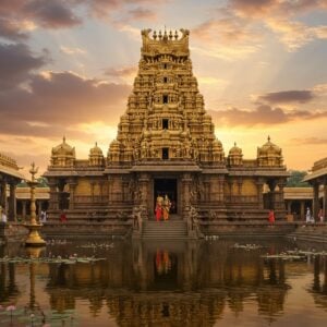 A majestic architectural shot of Sri Lakshmi Narasimha Swamy temple at sunrise, featuring its ornate golden gopuram rising against a dramatic sky filled with soft pink and orange clouds. The temple structure showcases intricate South Indian Dravidian architecture with detailed stone carvings. Lord Narasimha, depicted with a lion face, human body, eight hands holding traditional weapons - Shankha, Chakra, Sword, and Shield, is seated on a golden throne with Goddess Lakshmi beside him. The foreground features a serene temple tank reflecting the temple's grandeur, surrounded by blooming lotus flowers. Devotees in traditional attire circumambulating the temple add life to the scene. The lighting is divine with golden sun rays breaking through clouds, creating a heavenly atmosphere. The scene includes detailed Kakatiya-style architecture elements, stone pillars with intricate carvings, and traditional deepa-stambhas (lamp posts). The art style combines hyperrealistic architectural details with ethereal lighting and Indian traditional art elements, rendered in rich colors of gold, saffron, and deep blues.