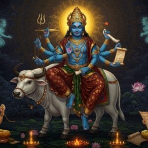 A majestic, four-armed Yama seated on his white buffalo mount against a cosmic dark background illuminated by ethereal golden light. He holds a noose (pasha) in his upper right hand, danda (staff) in upper left hand, while his lower right hand shows abhaya mudra and lower left hand holds a scroll of dharma. His face is stern yet noble, with a golden crown adorned with rubies. He wears royal green and maroon robes with intricate gold patterns. Around him, floating mandala patterns in deep indigo and gold represent the wheel of dharma. The scene shows subtle whispers of souls as ethereal forms in the background. Two divine record keepers, Chitragupta, sits nearby with ancient scrolls. The art style merges traditional Pattachitra techniques with modern digital art, featuring rich jewel tones and intricate details. Atmospheric elements include swirling cosmic energy, floating lotus flowers, and subtle Sanskrit symbols of dharma. The lighting creates dramatic shadows while highlighting the divine aura around Yama with warm golden rays.