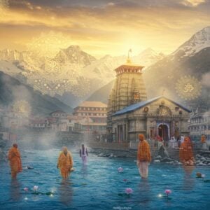 An ethereal panoramic view of Yamunotri Temple nestled in snow-capped Himalayan peaks at sunrise, with the sacred Yamuna River flowing in crystalline blue waters in the foreground. The temple architecture features traditional Nagara style with intricate carved details in warm sandstone and white marble. A mystical golden light illuminates the scene, creating a divine aura. Multiple translucent silhouettes of pilgrims from different cultures - some in traditional Indian attire, others in modern clothing - blend together as they approach the temple, symbolizing cultural unity. Floating mandalas and sacred geometrical patterns in shades of saffron and deep blue hover in the air. The scene includes traditional Garhwali architectural elements merged with contemporary artistic interpretation. In the mid-ground, steam rises from the Surya Kund hot springs, creating a mysterious atmosphere. Delicate lotus flowers float in the river, while sacred symbols like the Kalash and Om appear as subtle golden outlines in the sky. Style: Hyperrealistic digital art with elements of traditional Madhubani patterns, emphasizing ethereal lighting and spiritual atmosphere. The color palette focuses on deep blues, golden yellows, and pristine whites with hints of saffron.