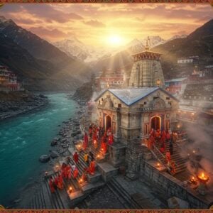 A majestic aerial view of Yamunotri Temple nestled in the snow-capped Himalayas at sunrise, with golden rays illuminating the white marble temple structure. The sacred River Yamuna flows beside it in deep turquoise blue, creating steam from its hot springs. In the foreground, devotees in traditional Indian attire (colorful sarees and kurtas) climb the ancient stone steps. The temple's distinctive spire rises against a mystical sky with soft pink and orange clouds. Intricate Madhubani-style patterns frame the scene, featuring peacocks, lotus flowers, and sacred symbols in deep maroon and saffron. The hot springs near the temple emit ethereal steam that creates a mystical atmosphere. Small oil lamps with glowing flames line the steps. Mountain peaks in the background are detailed with sacred geometric patterns in gold. Photorealistic rendering with magical lighting, volumetric god rays piercing through clouds, soft depth of field, high detail, cinematic composition, shot on Hasselblad H6D-400c.