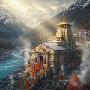 A majestic aerial view of Yamunotri Temple nestled in snow-capped Himalayan peaks, with the sacred Yamuna River emerging from the Champasar Glacier in crystalline blue waters. The temple architecture features intricate North Indian temple style with golden spires and carved stone walls in warm grey tones. In the foreground, a group of devoted pilgrims in traditional Indian attire (saffrons, whites, and deep reds) climb the sacred steps. Steam rises mystically from the hot springs near the temple, creating an ethereal atmosphere. The scene is illuminated by golden sunshine breaking through clouds, casting divine rays on the temple structure. Surrounding the temple are vibrant prayer flags fluttering in the mountain breeze, and marigold garlands decorating the entrance. The art style combines hyperrealistic digital painting with traditional Pahari miniature art elements, featuring rich details in architecture and nature. The color palette emphasizes deep blues of the river, pristine whites of the snow, warm greys of the stone temple, and pops of devotional colors like saffron and red. The overall composition suggests both grandeur and spiritual serenity.