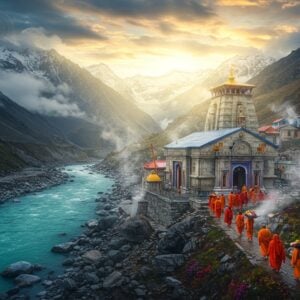 A breathtaking aerial view of Yamunotri Temple nestled in snow-capped Himalayan peaks, with the sacred Yamuna River flowing in brilliant turquoise below. The temple architecture features traditional Nagara style with intricate carved details in white marble and gold accents, surrounded by steam rising from hot springs. In the foreground, a line of pilgrims in traditional Indian attire walking along a mountain path, carrying ceremonial offerings. The scene is illuminated by golden sunrise light breaking through clouds, creating divine rays. Mountain flowers in vibrant colors dot the landscape. Artistic style combines hyperrealistic digital painting with elements of traditional Pahari miniature art, featuring rich colors like deep blues, saffron, and gold. The composition includes mystical elements like subtle mandalas in the sky and ethereal mist. The atmosphere conveys both the challenging journey and spiritual significance, with detailed texturing on the rocky terrain and prayer flags fluttering in the wind. A sense of scale is established with the majestic mountains towering in the background.