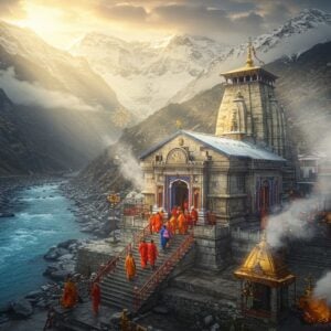 A majestic aerial view of Yamunotri Temple nestled in snow-capped Himalayan peaks, with the sacred Yamuna River flowing in crystalline blue waters beside it. The temple architecture features intricate North Indian temple style with white marble and gold spires. Dramatic morning light creates a divine atmosphere with golden rays breaking through misty clouds, illuminating the temple complex. In the foreground, a group of pilgrims in traditional Indian attire climbing the stone steps, their colorful clothing contrasting against the pristine white snow. Steam rises from the nearby hot springs, creating an ethereal atmosphere. The scene includes traditional Madhubani-style decorative elements in the borders with peacock blue and saffron accents. The composition shows both the grandeur of nature and the spiritual significance with glowing mandalas floating in the sky. Visible details include prayer flags fluttering in the wind, brass bells, and small shrines along the path. The art style combines photorealistic architecture with mystical elements, rendered in rich, deep colors with gold accents. Hyperrealistic digital painting with atmospheric lighting and volumetric fog.