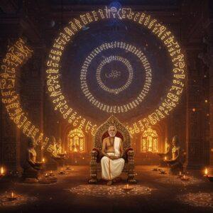 A magnificent ancient Indian library setting with intricate Madhubani-style carved wooden pillars, where a wise elderly Tamil scholar in traditional white veshti and angavastram sits cross-legged on an ornate bronze throne. He's illuminated by warm golden light streaming through decorative windows. Around him float ethereal, glowing palm leaves with ancient Tamil scripts, creating a spiral pattern. The background features a large, detailed mandala in deep maroon and peacock blue, incorporating traditional Tamil symbols like the tiger (Tamil heritage) and waves (Tamil language fluidity). Ancient-style oil lamps with soft blue flames line the scene. The foreground shows scattered bronze statues of Tamil poets and intricate kolam patterns made of light. The entire scene has a surreal, mystical quality with floating sparkles and a subtle gradient from deep saffron to royal blue. The art style combines hyperrealistic details with ethereal Indian traditional art elements, creating a dreamlike atmosphere while maintaining historical accuracy in clothing and architecture. Detailed metalwork and patterns reminiscent of Chola bronze art decorates the edges of the scene.